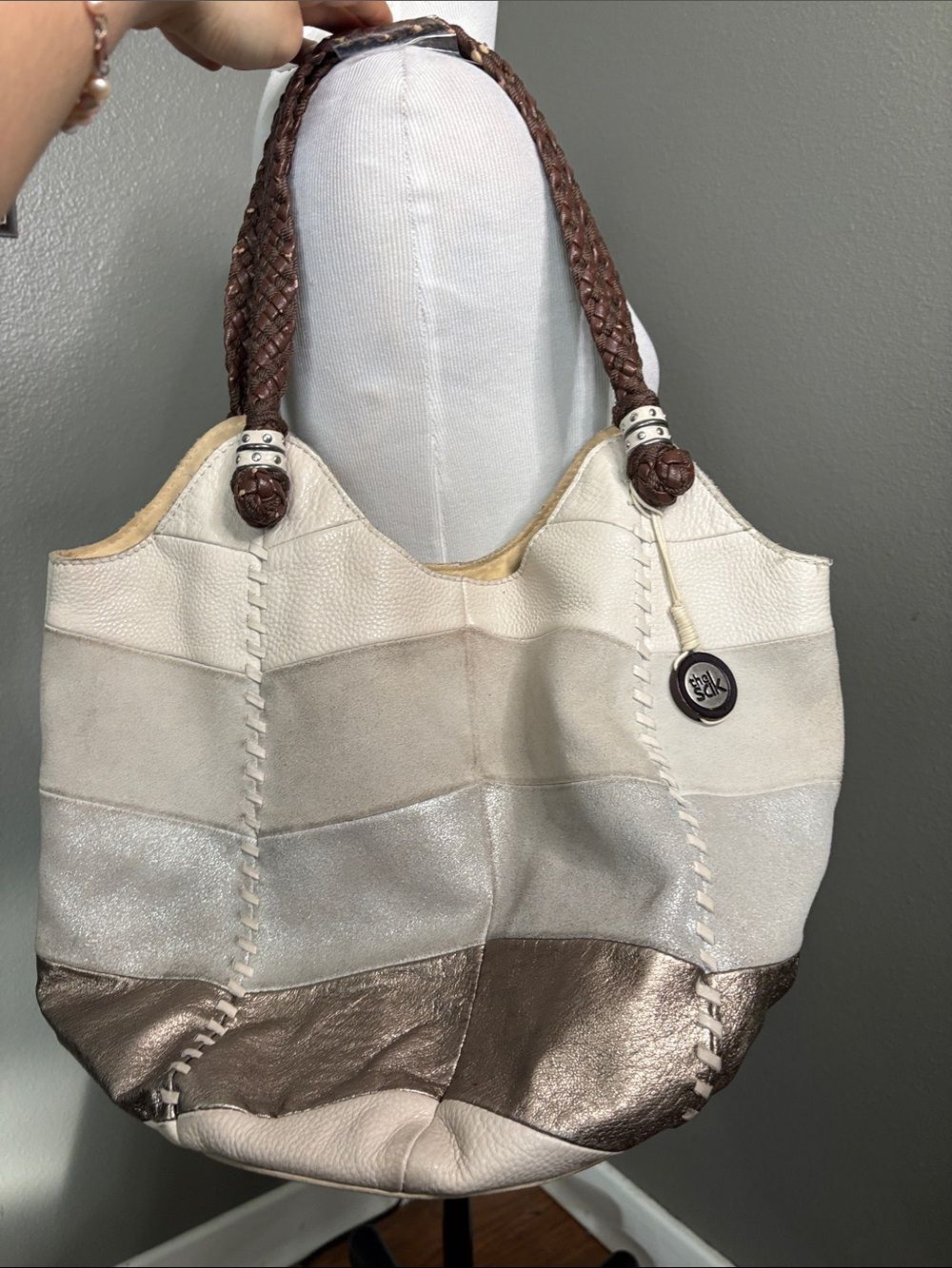 The Sak Ivory and Brown Patchwork Shoulder Bag